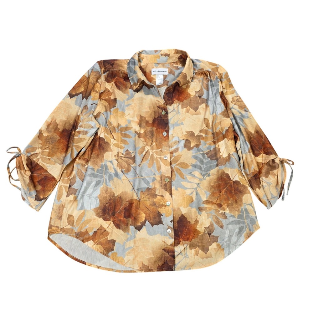 Alfred Dunner Fall Leaf Print Button Down Blouse Women's Size L Tan Tie Sleeve